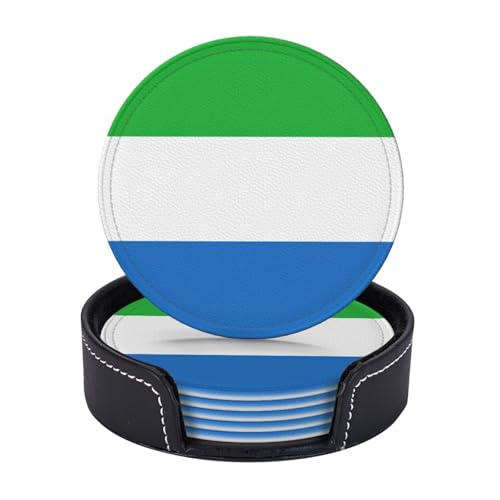 Sierra Leone Drapeau Impression Cuir Sous-verres Ronds Dessous de verre Set de 6 avec Support Tasse Mat Table Décor