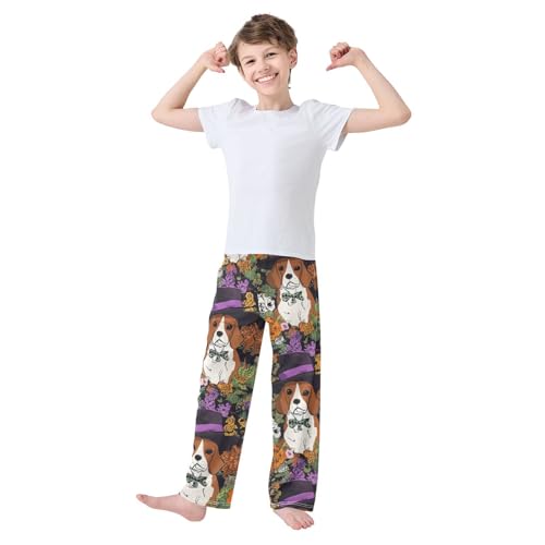 ZZXXB Halloween Beagle Flowers Boys Long Pants Soft Trousers Elastic Waist Kids Lounge Bottoms with Pockets S-XL3
