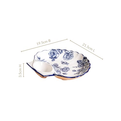 Image of Nestasia Ceramic Snack Plates Set of 2 - Serving Plate with Dip Section for Chutney | Microwave & Dishwasher Safe Shell Shaped Design for Kids & Adults - Perfect for Fries, Momos, Kebab (Blue & White)