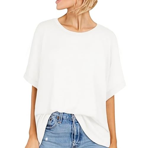 Oversized T-Shirt for Women Summer Short Sleeve Casual Basic Tee Tops Loose Fit Shirts (Solid White, S)