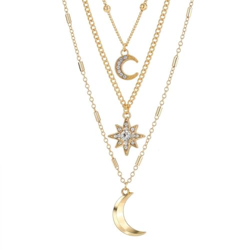 Layered Moon and Star Necklace Set, Gold-Tone Chain, Crystal Rhinestone Pendants, 3-Piece