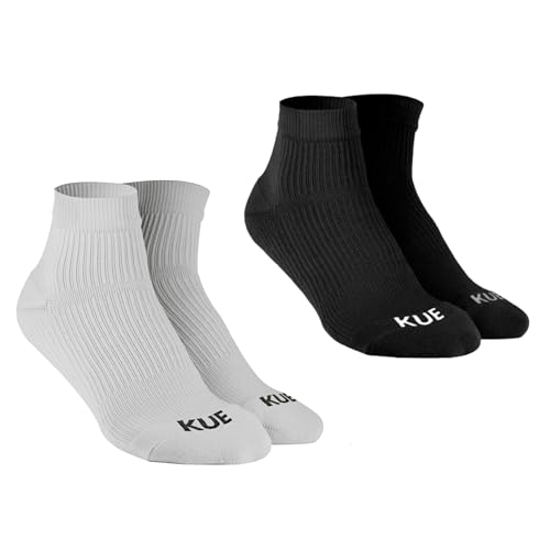 Image of KUE Compression Ankle Socks for Men & Women | Arch Support, Pain Relief & Blood Circulation | Sports, Running, Travel, Gym, Daily Use | Anti-Odour Moisture Wicking | (Black, White, L /XL, 2 Pair)