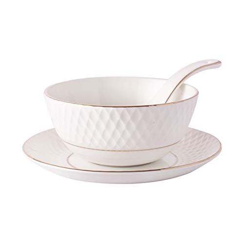 Image of E-Ezra Indian Tableware Ceramic Bone China White Soup Bowls Cup with Spoons & Saucer /Deep Maggi Cup Microwave Safe (Embossed White)