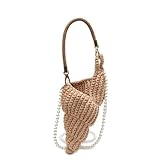Handwoven Fashion Seashell Bag - Stylish & Unique Boho Clutch with Pearl Strap, Leather Handle & Premium Hardware (Khaki)