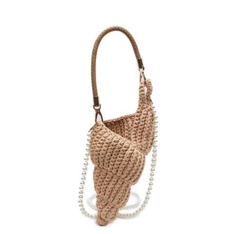 Handwoven Fashion Seashell Bag - Stylish & Unique Boho Clutch with Pearl Strap, Leather Handle & Premium Hardware (Khaki)
