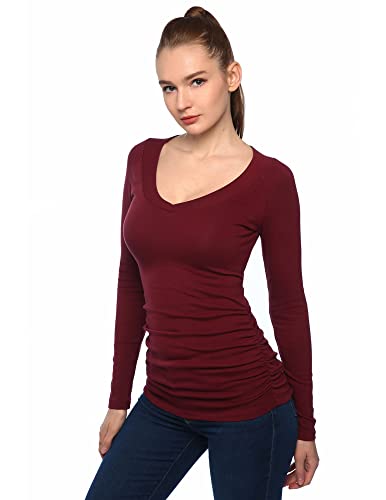 AmélieBoutik Top con Maniche Lunghe Raglan con Scollo a V da Donna, Borgogna, M
