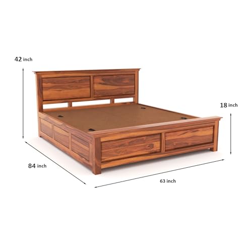 Image of Sheesham Wood Queen Size Bed with Storage Box | Wooden Box Bed Queen Size Double Cot Bed with Storage for Bedroom | Premium 2 Dalla Design Headboard Bed for Living Room | Honey Finish