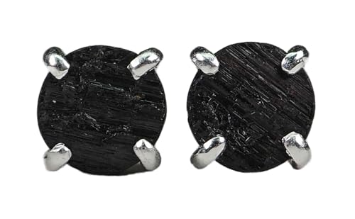 8mm Raw Black Tourmaline Solid Sterling Silver Stud Earrings - Oc...