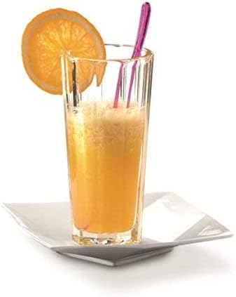 A glass of fresh orange juice garnished with an orange slice and a straw, made using the citrus press attachment.