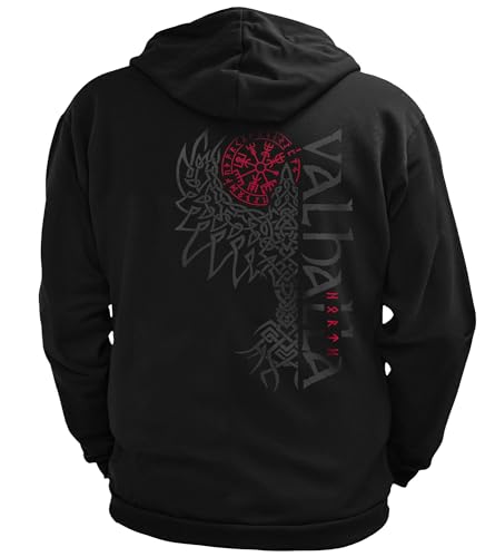North Legendary - Felpa da uomo con cappuccio – Valhalla Corvo stampa posteriore – Vichinghi nordici Walhalla Zipper, Valhalla Viking, Rosso sangue, 3XL