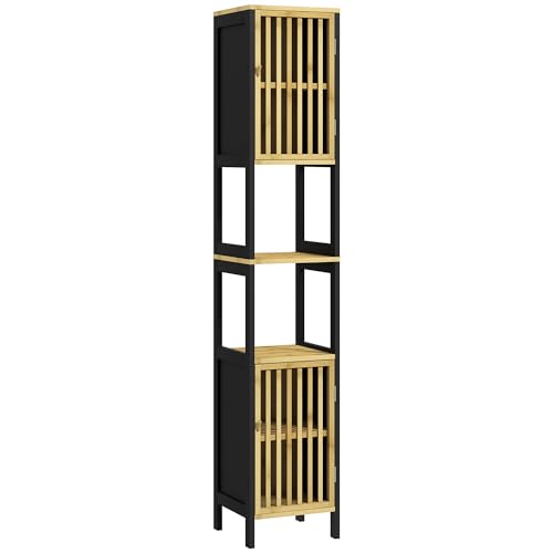 HOMCOM Mobiletto Bagno Salvaspazio con Ripiano Aperto e Armadietto con Ripiano Regolabile, Mobile da Bagno in MDF e Bambù, 32x30x90.5 cm, Nero e Color Legno