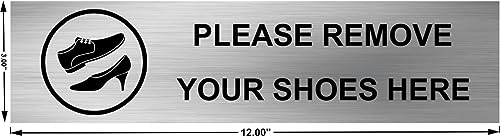 Image of Remove Shoe Sign Board | Stainless Steel Sign Plate for Office, Home, Temple, School, Clinic & Hotel | Wall Mount | Rustproof Metal | Easy to Read | 12 x 3 Inch
