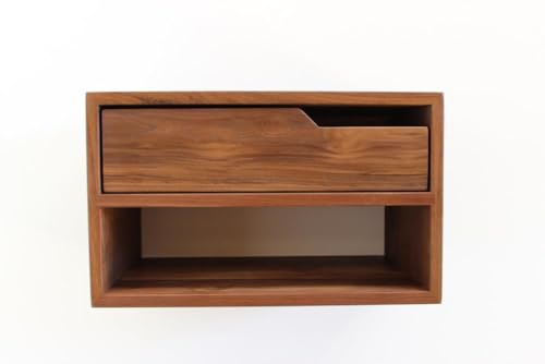 Image of RuPS Solid Wood Floating Bedside Table with Drawer and Open Shelf, Wall Mounted Nightstand for Bedroom, Wooden Side Table with Storage, Space Saving Bedside Organizer (Double - 16 inch x 12 inch x 12 inch)