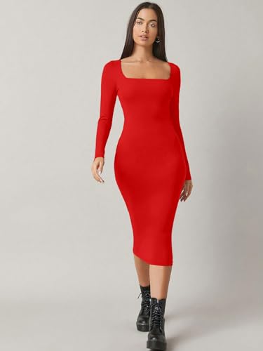 Image of Aahwan White Solid Square Neck Solid Midi Bodycon Dress for Women's & Girl's
