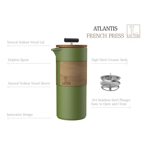 Image of LECTOR Atlantis French Press Coffee Maker | 450ml Capacity | Premium Ceramic Body with Natural Wood Sleeve & Lid | Manual Brewer for Coffee & Tea | Strong Ceramic Build, Superior Filtration (Green)