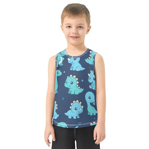 JUNZAN Blue Teal Dinosaur Blue Children Tank Top Sleeveless Kids Vest Toddler T-Shirt for Soccer Teenis Exercise Beach 3T2