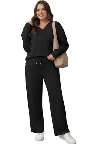 WIHOLL Lounge Sets for Women 2025 V Neck 2 Piece Outfits Airport Wide Leg Pants Matching Set Sweatsuits4