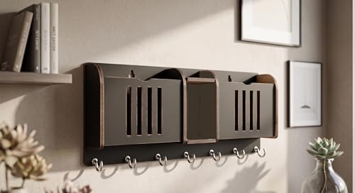 Image of Wall Mount Key Holder & Mail Organizer | Laser-Cut Key Hanger with 7 Metal Hooks, Letter Rack & Pen Stand | Wooden Wall Decor for Entryway, Living Room, Home & Office (Vertical Slat)