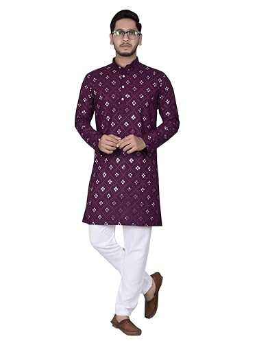 Amzira Men's Soft Cotton Kurta with Mirro Embroidery Work Mandari...