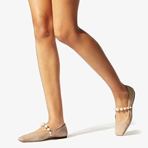 FOWT Women Square Toe Slip on Flats Pearl Studded Strap Elegant Pumps Wedding Bride Prom Dressy Shoes Size 4-15 US2