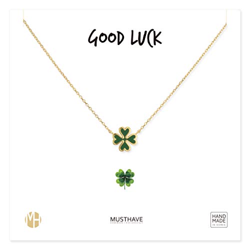 MUSTHAVE 18K Gold Plated Clover Good Luck Necklace with Message Card, Yellow Gold Color, Anchor Chain, Size 16 inch + 2 inch Extender, Pendant, Gift Card