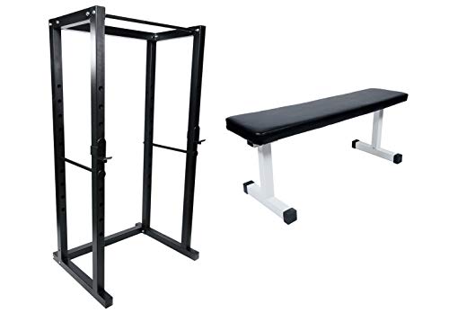 Ader Power Rack w/ 300 Lb Black Olympic Weight Set, Flat Bench and Free Mat