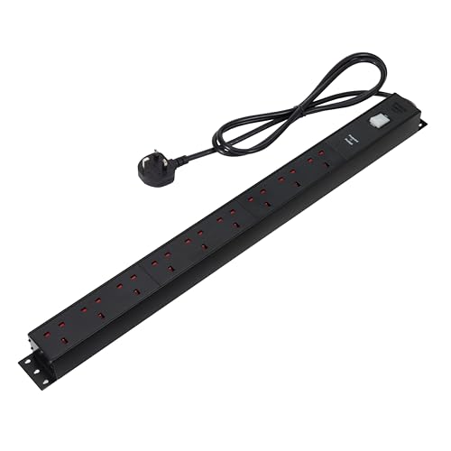 Amazon Basics Heavy-Duty 9-Way Metal Power Strip with Surge Protection Safety Shutters Socket Strip Extension 1.8m Cable Wall Mountable 600J Black