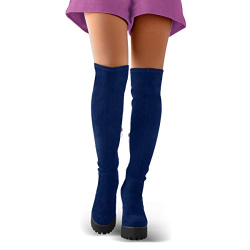 Onlymaker Women's Platform High Block Heel Over The Knee Boots Pull On Elegant Side Zipper Chunky Blue Big Size 14 #TOP3