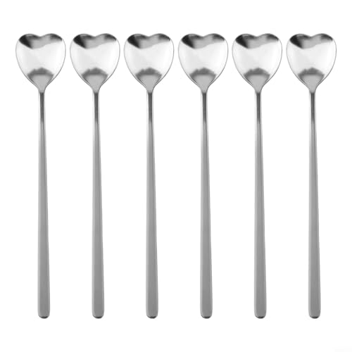 Juego de 6 cucharas de miel de acero inoxidable, con forma de corazón, para mezclar té, servir helado, postres y cocina (plata)
