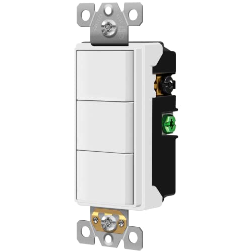Enerlites Triple Paddle Rocker Combination Decorator Switch, Ground Terminal, Clamp-Type Back Insert Wiring, Copper Only, Single Pole, Residential Grade, 15A 120V-277V, 62755-W, White #TOP1