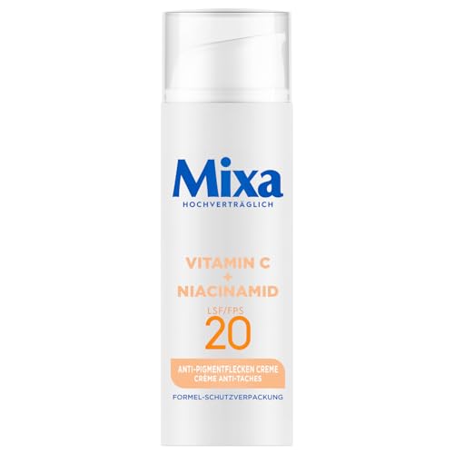 Mixa Anti-Pigmentflecken Creme, Für ungleichmäßige, fahle und sensible Haut mit Vitamin C und Niacinamid, Geeignet für Gesicht & Hals, LSF 20, Hypoallergen, 50 ml