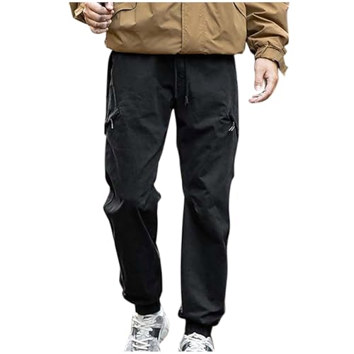 Cargo Pants for Men Baggy Straight Leg Sweatpants Elastic Waist Drawstring Cotton Athletic Pants with Zip Pockets