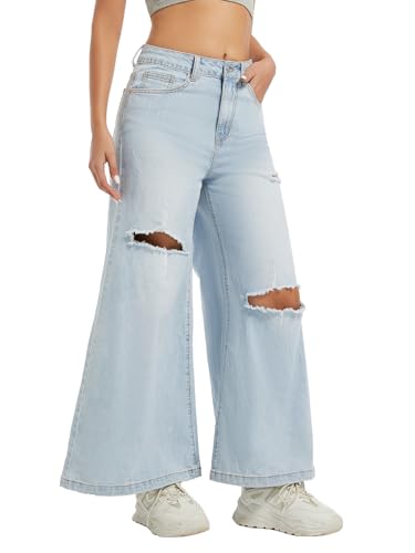 Women's High Waisted Wide Leg Pants Loose Fit Distressed Stretchy Denim Ripped Straight Leg Jeans2