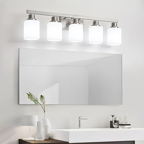 Image of 5-Light Bathroom Vanity Light,Brushed Nickel Vanity Lights with Square Frosted Glass,Modern Bathroom Wall Lights Fixtures Over Mirror,Wall Sconces Lighting for Bedroom Living Room,E26