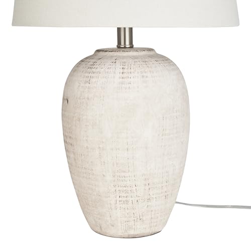 Image of Nourison Home 23 inch Distressed Cream /Beige Rustic Ceramic Jar Table Lamp for Bedroom, Living Room, Dining Office, with Ivory Shade