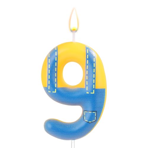Bougie d'Anniversaire Bleue et Jaune, Bougie Numérotée d'Anniversaire Bougie à Thème Dessin Animé Blue Jeans Happy Birthday pour la Décoration d'Anniversaire de...