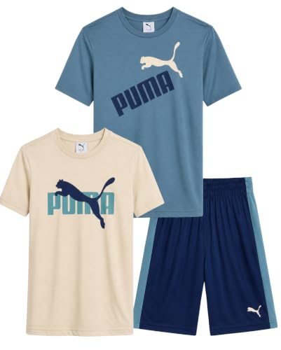 Image of PUMA Boys Active Shorts Set - 3 Piece Performance T-Shirt, Dry Fit Tank Top, and Gym Shorts - Activewear Set for Boys (4-16)