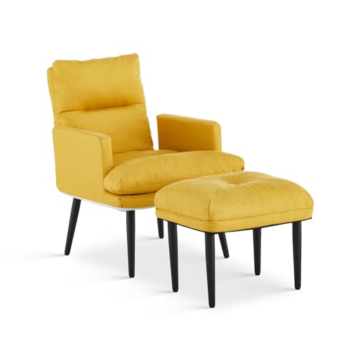 TUKAILAi Sillón de Relax con Reposapiés, Sillón Reclinable con Respaldo Ajustable 180°, Sillón de Televisión Tela Marco en Metal para Lectura Dormitorio Comodos 63 * 65 * 85CM (Amarillo)