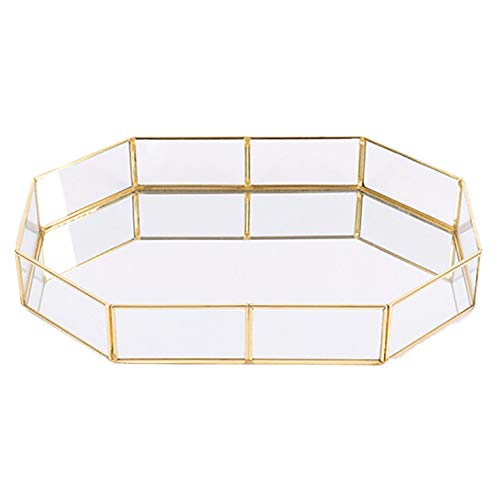 Asien 1pc Decorativo De Cristal Bandeja Polígono Grandes Joyas De Oro-Plateado Plato De Latón De La Vendimia Bandeja De La Mesa De Centro De Perfume Bandeja 12.38"* 8.45" * 1.97