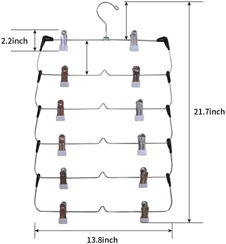 6 Tier Trouser Hangers with Clips, Hangerman 2 Pack Strong & Durable Chrome Metal Skirt Hangers - Space Saving, Multi Hanger with Non Slip Adjustable Clip for Trousers, Hang Skirts Pants Jeans