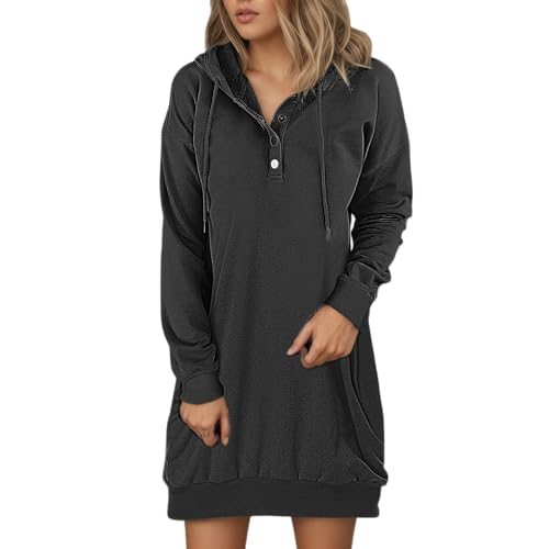 Women's Fall Hoodies Mini Dress Casual Long Sleeve Sweatshirts Drawstring Button Hooded Pullover Tunic Dress