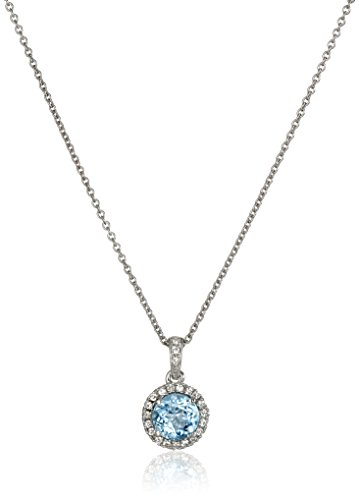 Jewelili Sterling Silver 6mm Swiss Blue Topaz and Created White Sapphire Halo Pendant Necklace, 18