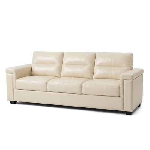 Image of FURNY Parker 3 Seater Fabric Sofa Set with Leatherette Finish | Durable Comfort | Ideal for Living Room | Modern Design (Cream Leatherette)