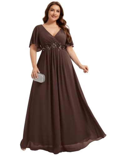 Image of Ever-Pretty Plus Women's Chiffon Plus Size Formal Mother of Bride Dresses | V-Neck, Short Sleeve, Applique, A-Line, Empire Waist, Plus Size Formal Wedding Guest Evening Dresses