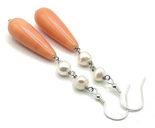 Boucles d'oreilles perles blanches d'eau douce et corail rose, artisanat d'Italie