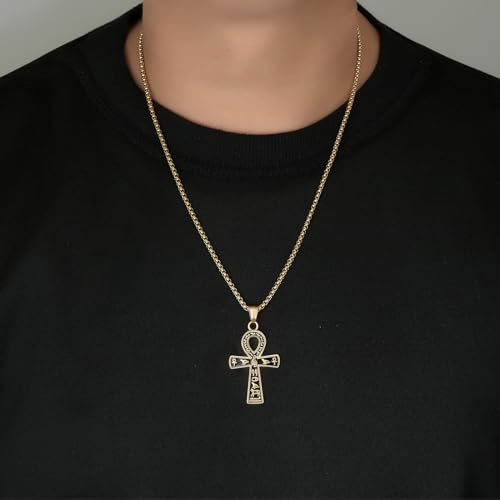 Ankh Cross Pendant Necklace, Ancient Egyptian Key of Life, Coptic Amulet of Protection, Stainless Steel Jewelry for Men and Women, 24-Inch Chain, Available in Black, Gold, Silver2