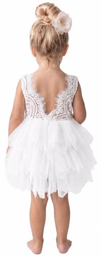 2Bunnies Girl Beaded Peony Lace Back A-Line Tiered Tutu Tulle Flower Girl Dress (White Short Sleeveless, 7-8YRS)