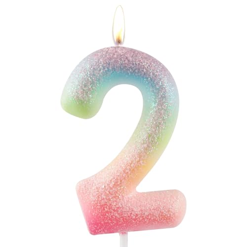 Zolunu Glitter Colorful 2nd Birthday Candle, Birthday Number 2 Candle Cake Toppers for Girl Women, Glitter Colorful Themed Party Decorations Supplies Birthday Gifts