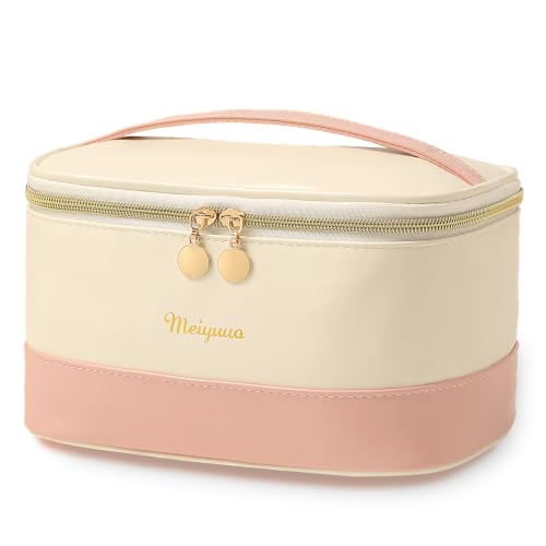 Two-tone Makeup Bag, Cute Travel Cosmetic Toiletry Organizer, Beige Pink