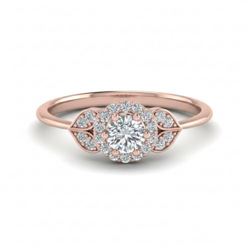 Image of Rose Gold Plated Diamond CZ & Blue Sapphire Petal Halo Engagement Ring for Women, Petite Round Shape Wedding & Everyday Jewelry, Handmade Gift for Wife US Size 4-12